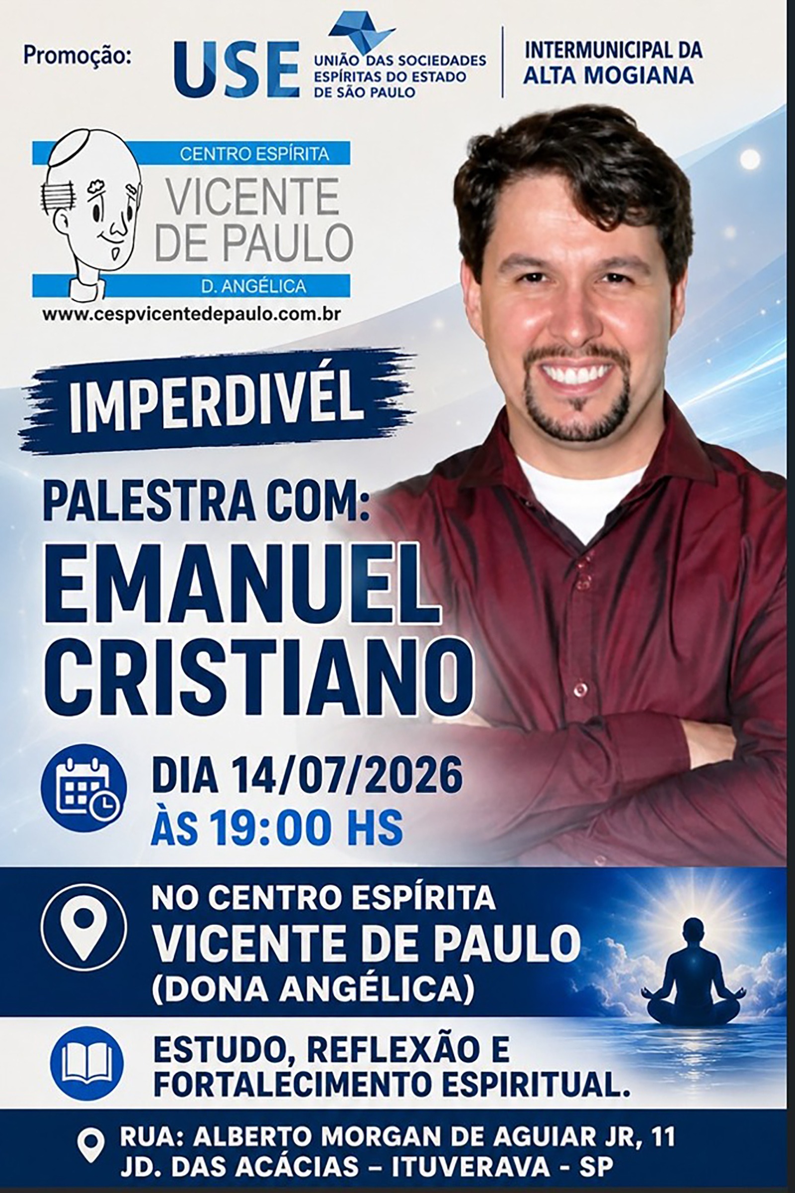 Emanuel Cristiano profere palestra espírita em Ituverava no dia 14 de julho