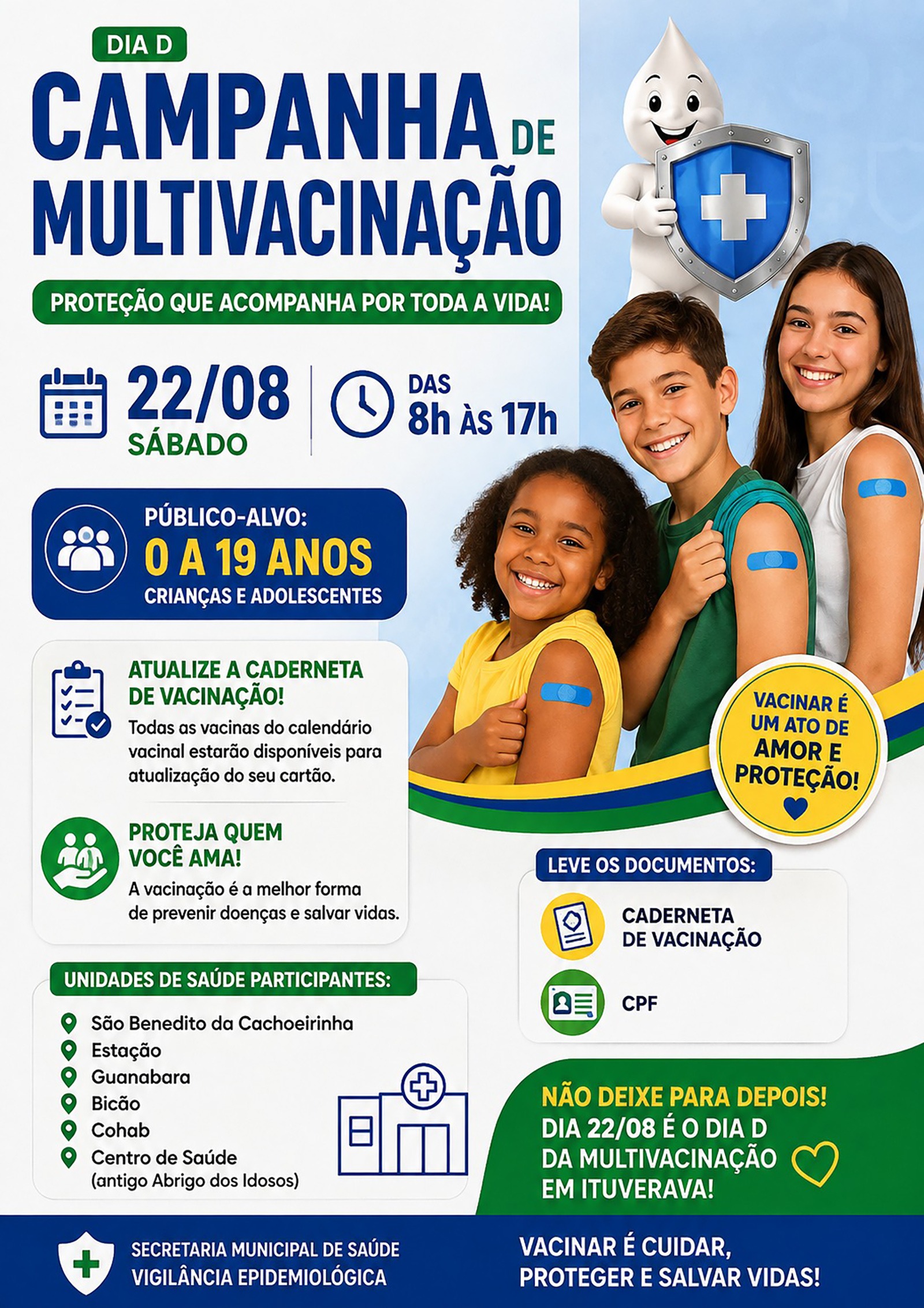 Dia D da Campanha de Multivacinação será no próximo sábado, dia 22 de agosto