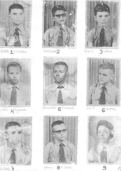 Alunos do Curso de Aplicação, da turma de 1960. O Curso era uma extensão do Instituto de Educação “Cap. Antônio Justino Falleiros”. (1) Oswaldo Galvão Anderson, (2) Luiz Sérgio Corona, (3) José Carlos Colani, (4) Clóvis Figueiredo, (5) Florisvaldo P. Conceição, (6) Luiz O. de Oliveira, (7) Gilberto Rodrigues dos Santos, (8) Ademir M. Barros e (9) Diva Marcolino de Aguiar